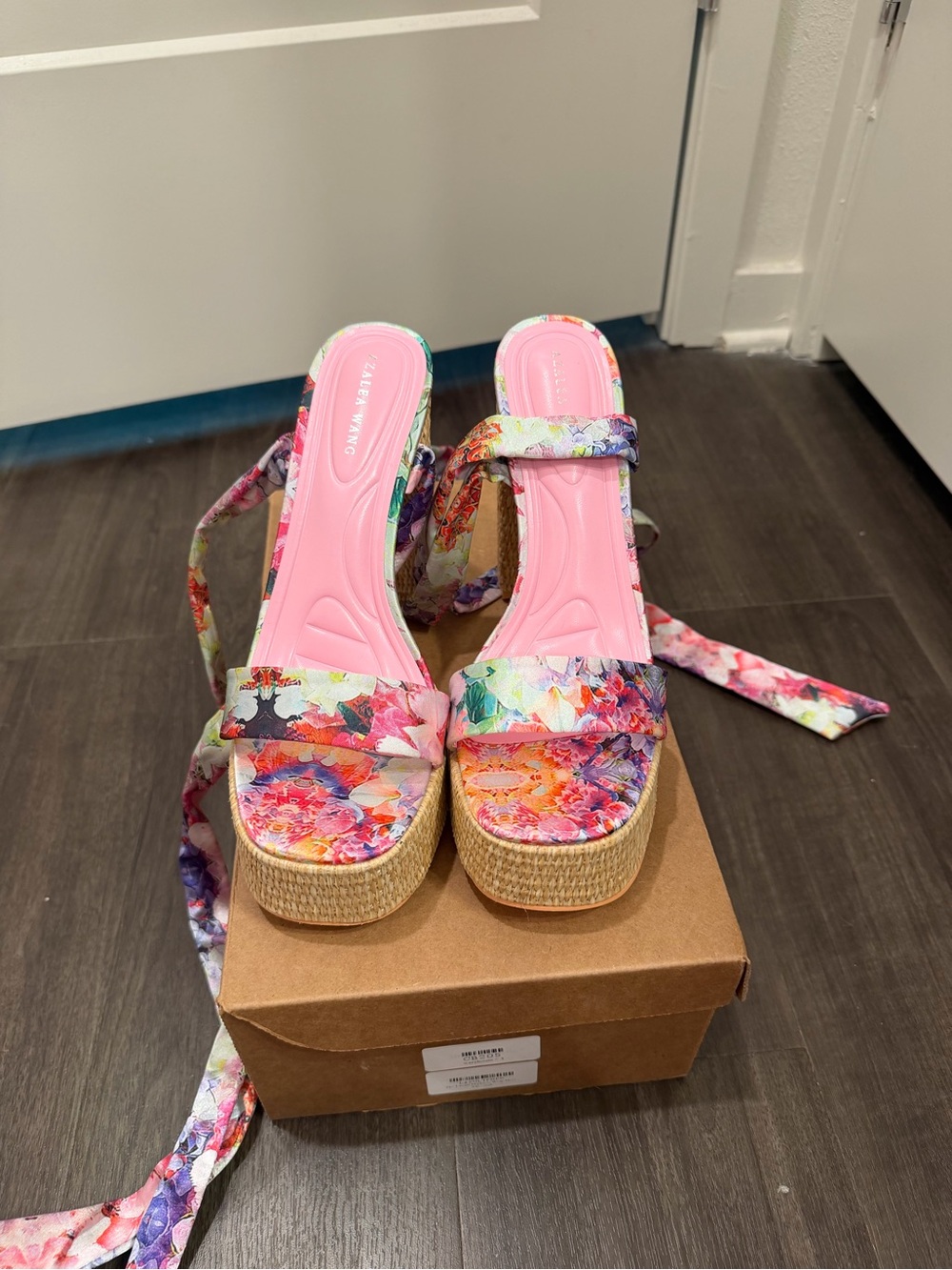 Floral Pink Platform Espadrille Heels with Ankle Wrap - Picture 1 of 2